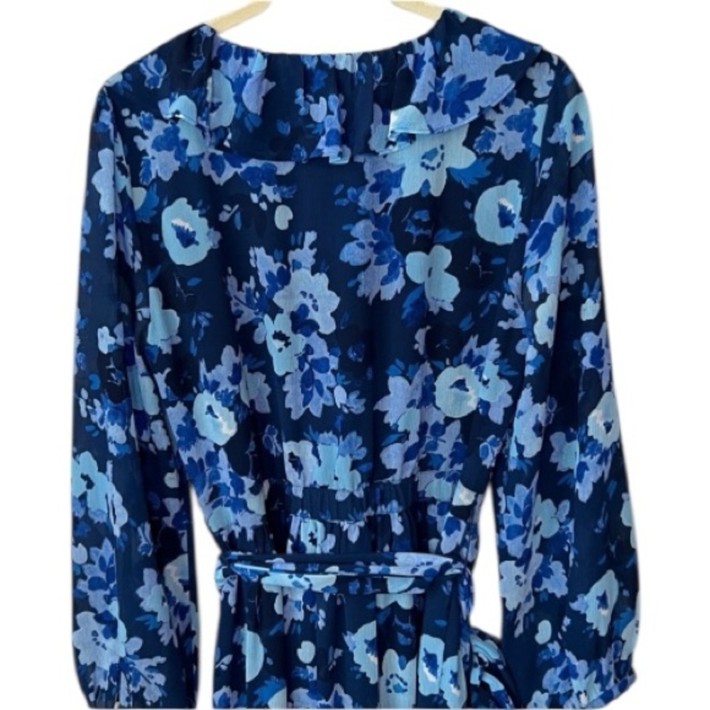 J. Crew Blue Floral Long Sleeve Ruffle Collar Midi Dress Size 6 - Picture 5 of 16